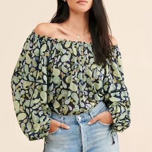 NWT Women's Free People Intimately Sundown Navy Green Paisley Bodysuit Blouse S